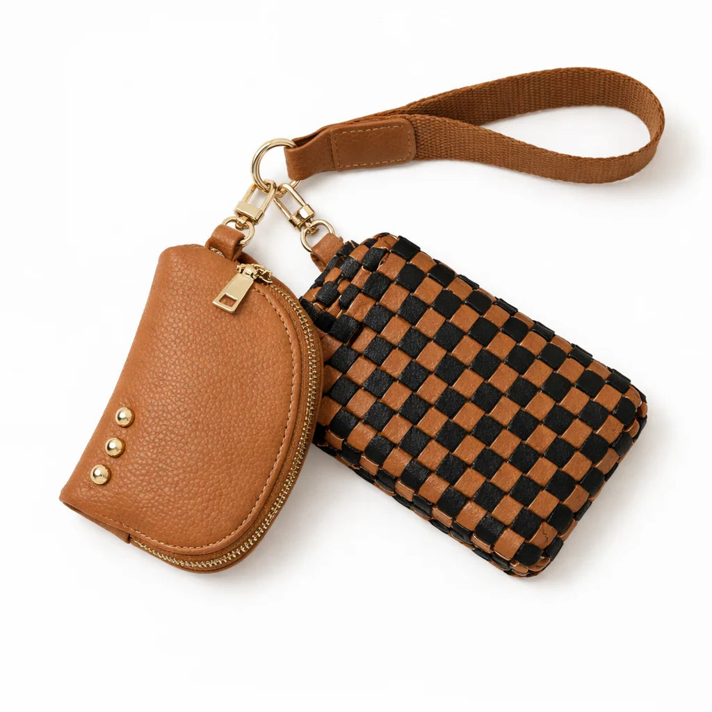 Brown and Black Checkered Dual-Pouch Woven Wristlet Set with Gold Accents