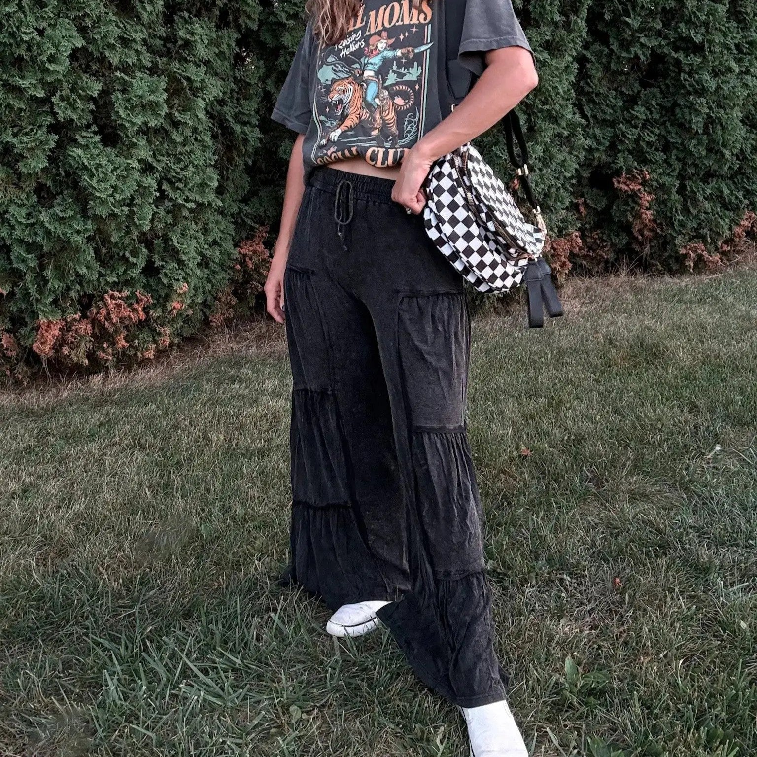 Black & White Checkered Multi-Zip Sling Bag with Adjustable Strap