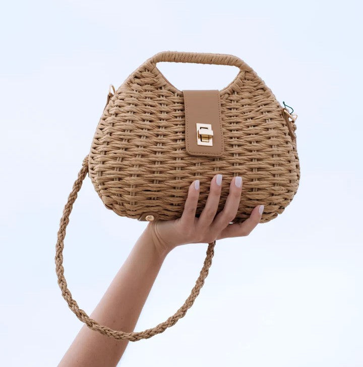 Natural Tan Woven Turn-Lock Clutch with Detachable Braided Strap