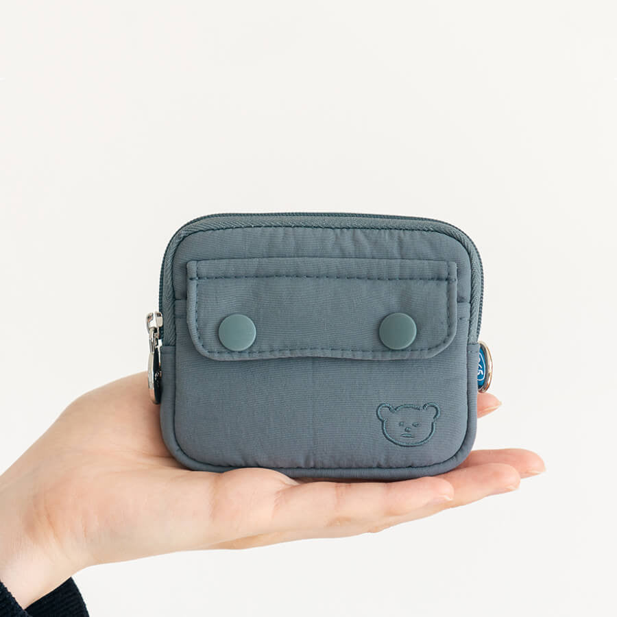 Multi-Tone Bear-Embroidered Compact Zippered Pouch with Front Snap Pocket