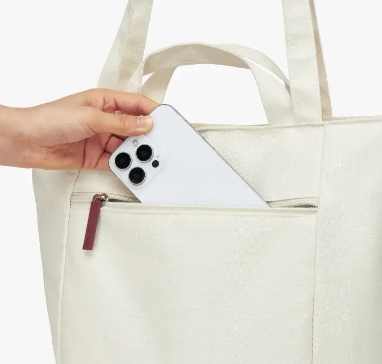 Off-White Minimalist Multi-Use Tote Bag with Front Zip Pocket and Trolley Sleeve