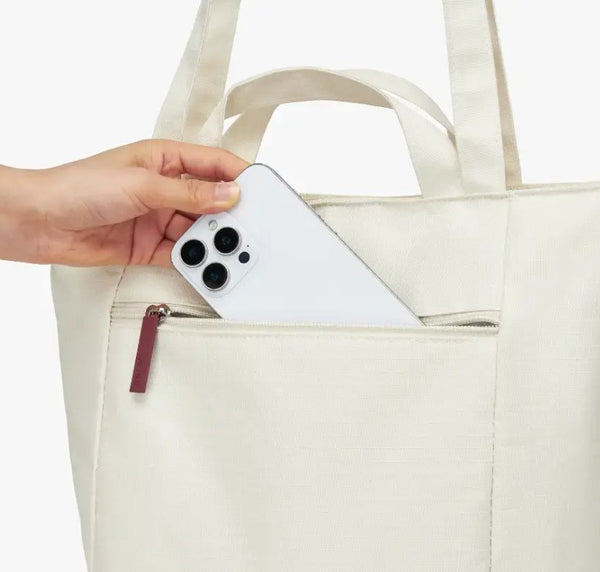 Off-White Minimalist Multi-Use Tote Bag with Front Zip Pocket and Trolley Sleeve