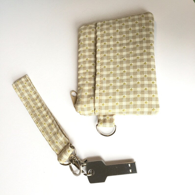 Beige Checkered Fabric Wrist Wallet with Keyring and Dual Pockets