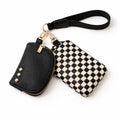 Black & White Checkered Dual-Pouch Woven Wristlet with Gold Hardware Accents