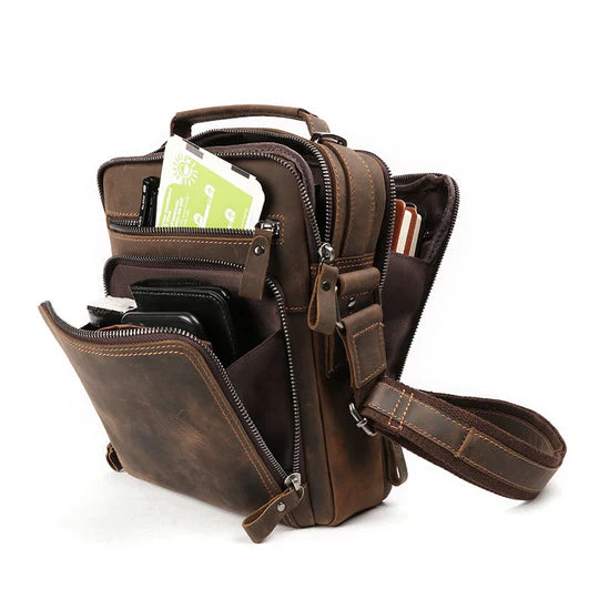 Retro Brown Distressed Multi-Pocket Commuter Messenger Bag with Top Handle