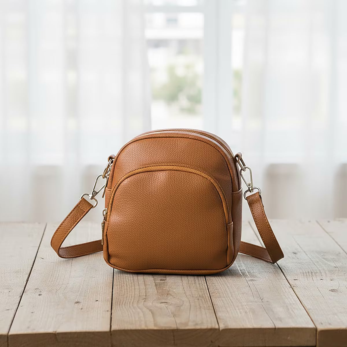 Multi-Tone Compact Dual-Zip Mini Shoulder Bag with Adjustable Strap