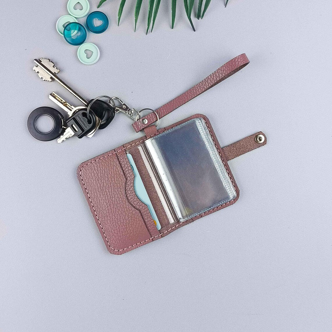 Muted Pink Compact Keychain Wallet with Card Slots and Wrist Strap