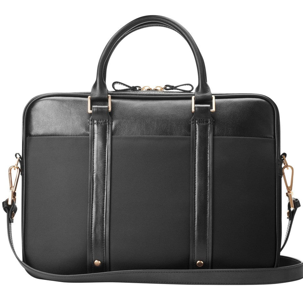 Black Slim Top-Load Laptop Briefcase With Gold Hardware