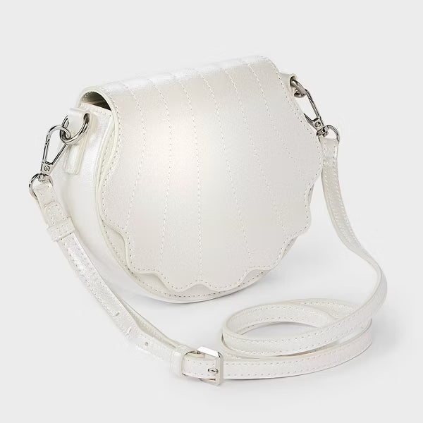 Pearlescent White Shell-Shaped Flap Saddle Bag with Adjustable Strap