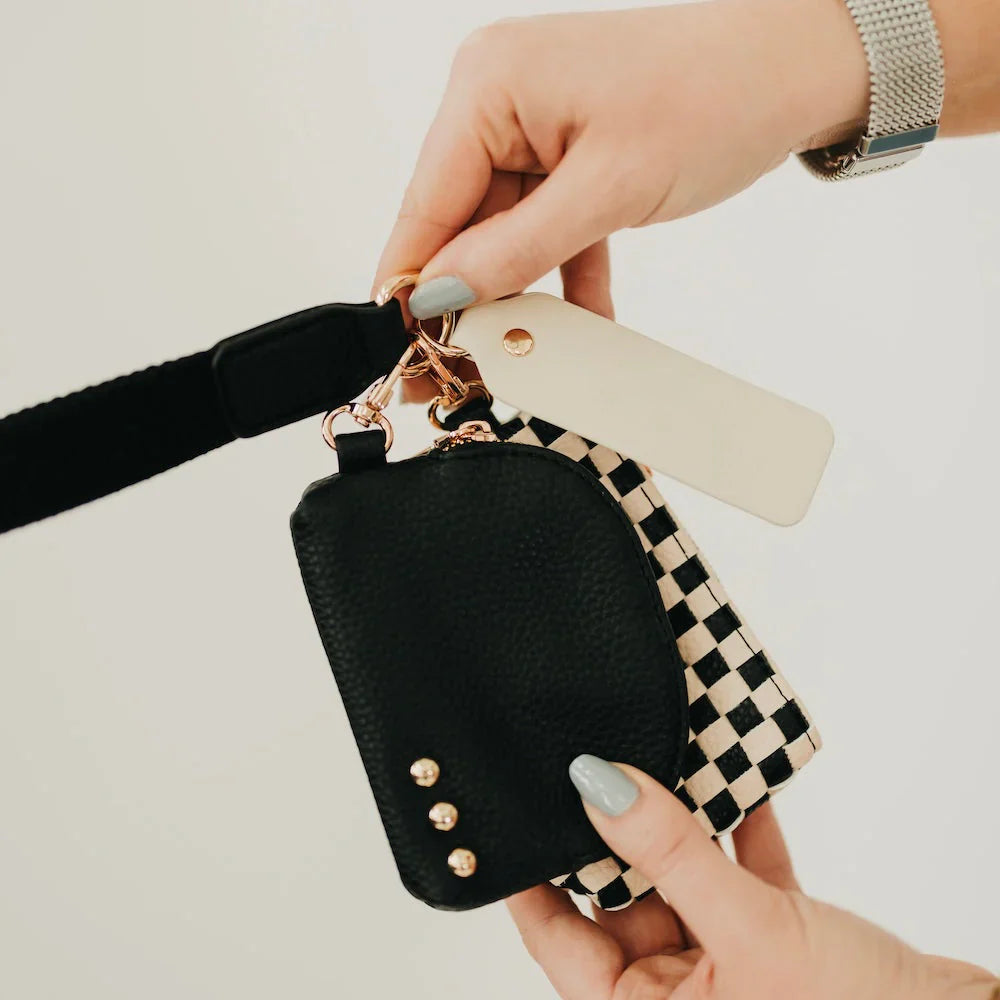 Black & White Checkered Dual-Pouch Woven Wristlet with Gold Hardware Accents