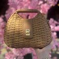 Natural Tan Woven Turn-Lock Clutch with Detachable Braided Strap
