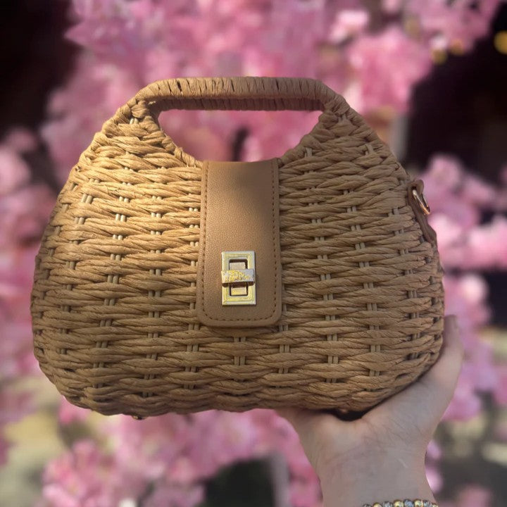 Natural Tan Woven Turn-Lock Clutch with Detachable Braided Strap