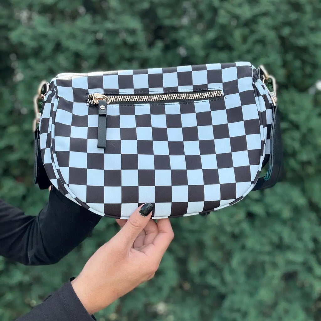 Black & White Checkered Multi-Zip Sling Bag with Adjustable Strap