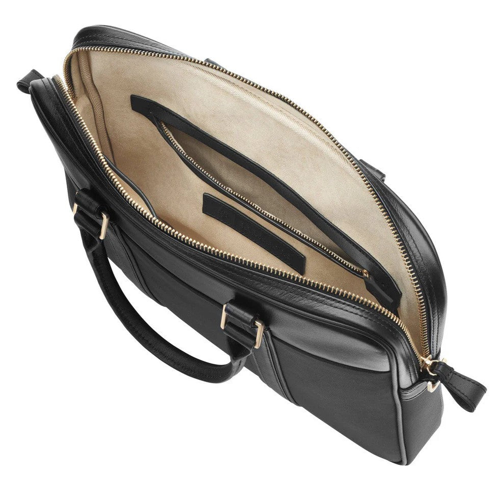 Black Slim Top-Load Laptop Briefcase With Gold Hardware