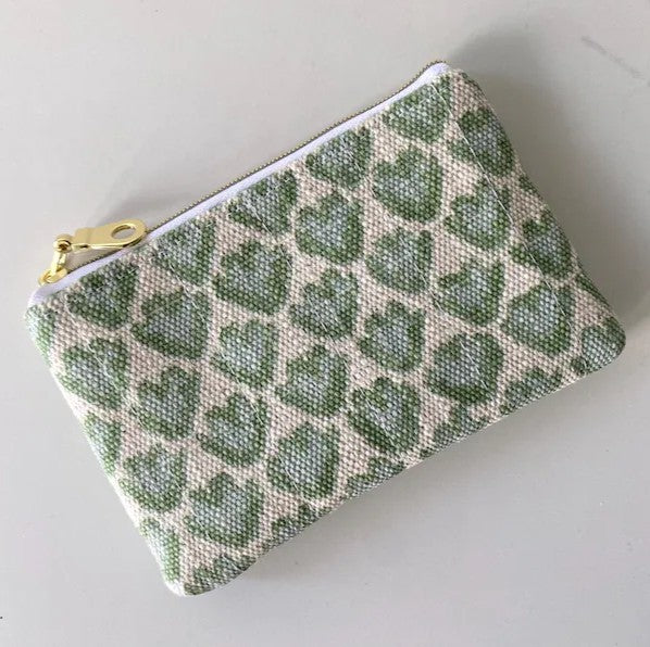 Green & Cream Heart-Patterned Compact Zipper Pouch with Gold Hardware