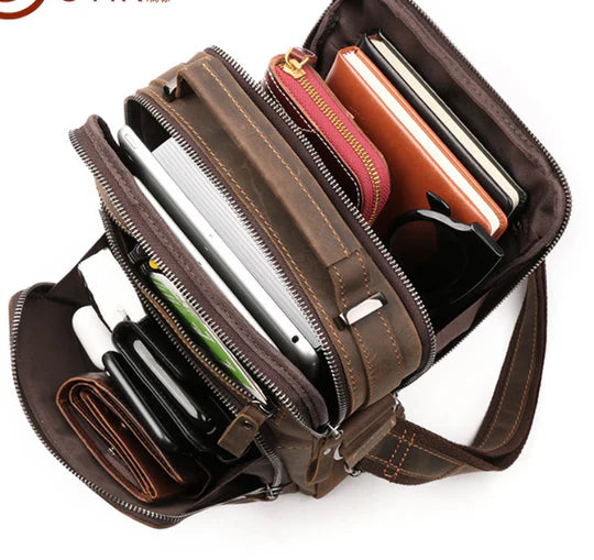 Retro Brown Distressed Multi-Pocket Commuter Messenger Bag with Top Handle