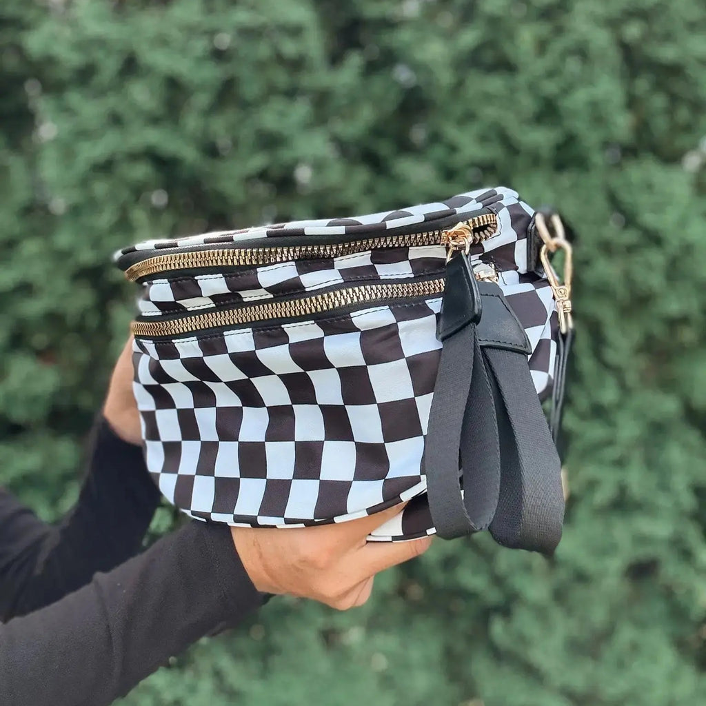 Black & White Checkered Multi-Zip Sling Bag with Adjustable Strap