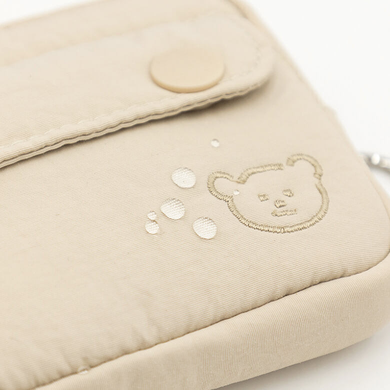 Multi-Tone Bear-Embroidered Compact Zippered Pouch with Front Snap Pocket