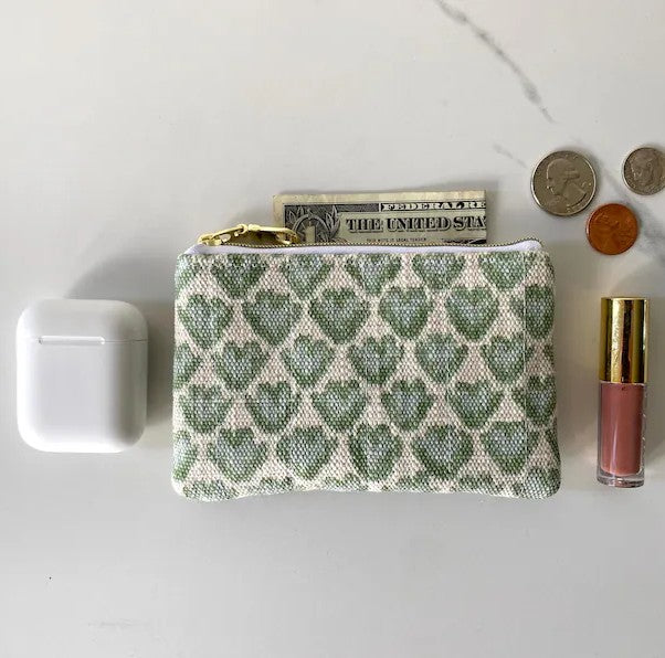 Green & Cream Heart-Patterned Compact Zipper Pouch with Gold Hardware