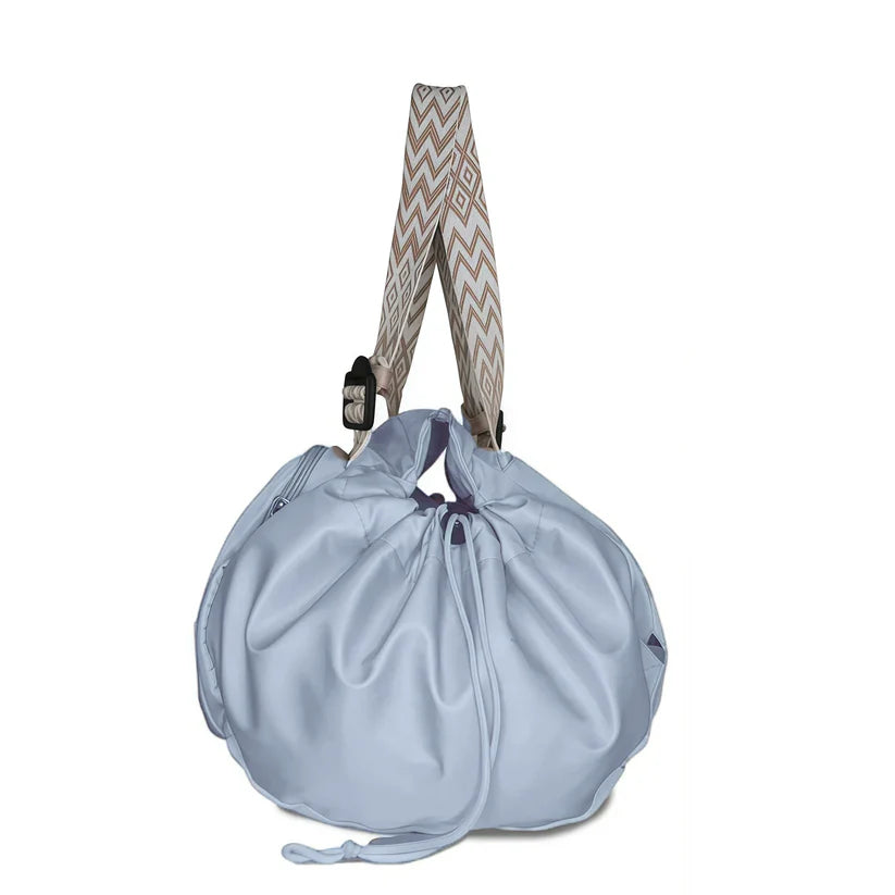 Pastel Blue Spacious Drawstring Tote Bag with Patterned Adjustable Strap