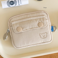 Multi-Tone Bear-Embroidered Compact Zippered Pouch with Front Snap Pocket