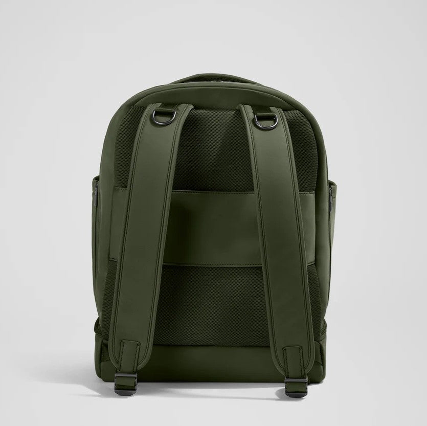 Olive Green Multi-Compartment Diaper Backpack with Stroller Attachment and Water-Resistant Base