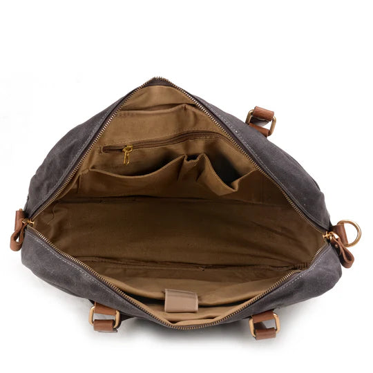 Multi-Tone Canvas Briefcase Laptop Bag with Leather Accents and Detachable Strap