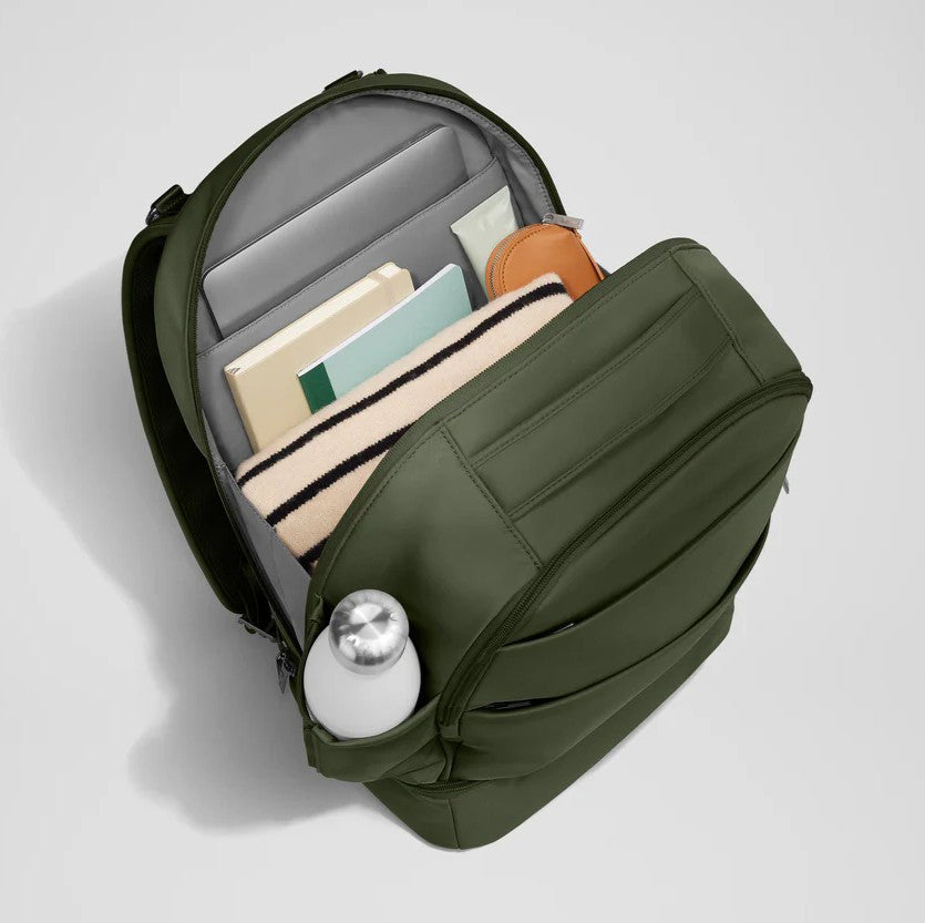 Olive Green Multi-Compartment Diaper Backpack with Stroller Attachment and Water-Resistant Base