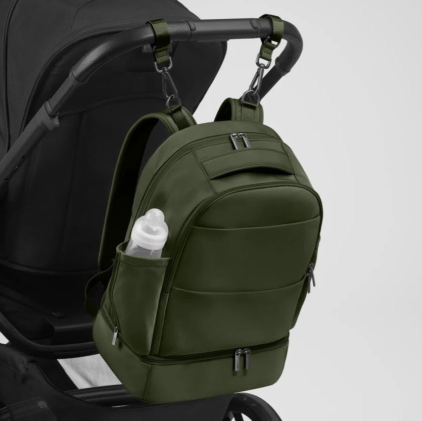 Olive Green Multi-Compartment Diaper Backpack with Stroller Attachment and Water-Resistant Base