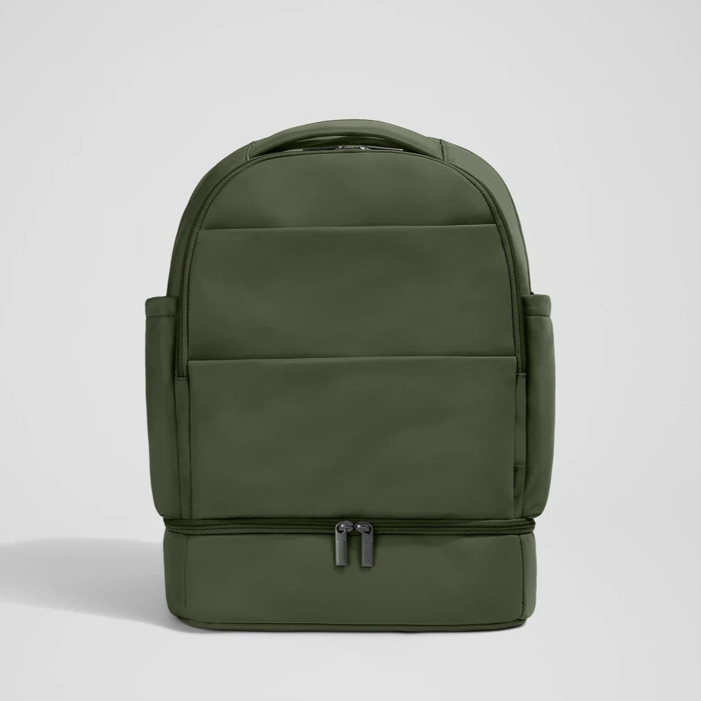 Olive Green Multi-Compartment Diaper Backpack with Stroller Attachment and Water-Resistant Base