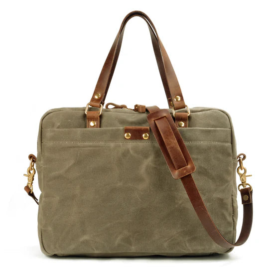 Multi-Tone Canvas Briefcase Laptop Bag with Leather Accents and Detachable Strap
