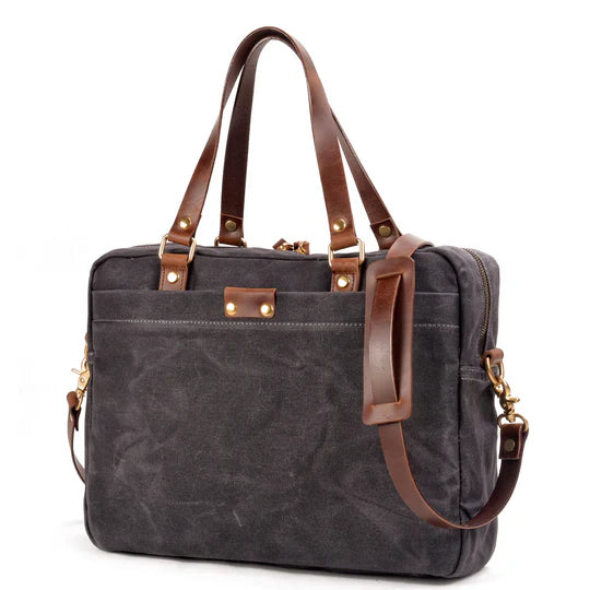 Multi-Tone Canvas Briefcase Laptop Bag with Leather Accents and Detachable Strap