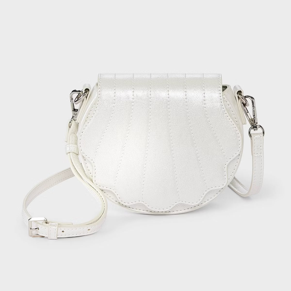 Pearlescent White Shell-Shaped Flap Saddle Bag with Adjustable Strap