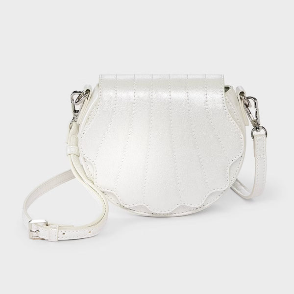 Pearlescent White Shell-Shaped Flap Saddle Bag with Adjustable Strap