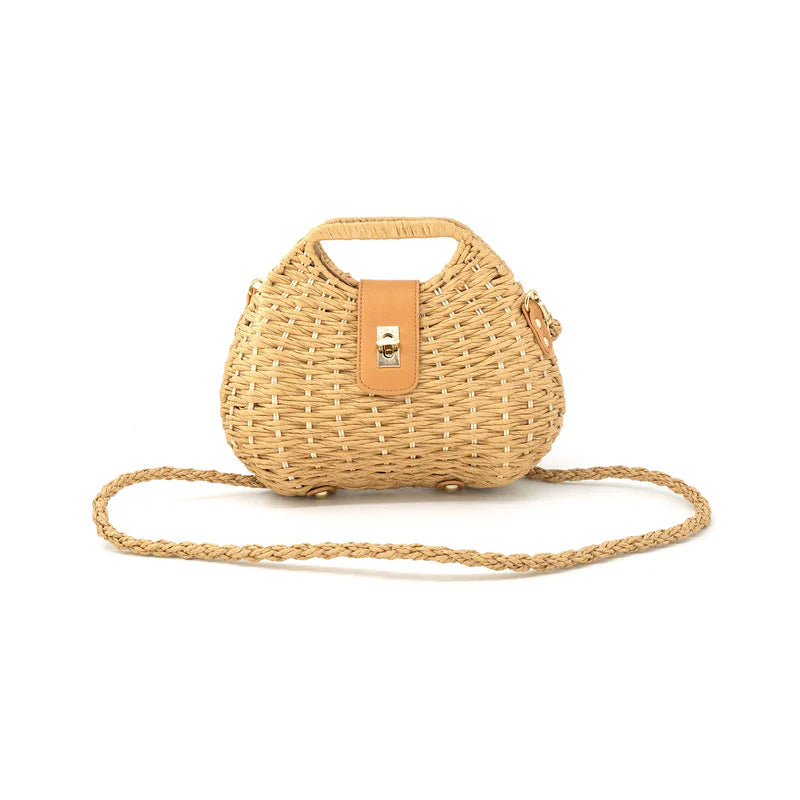 Natural Tan Woven Turn-Lock Clutch with Detachable Braided Strap