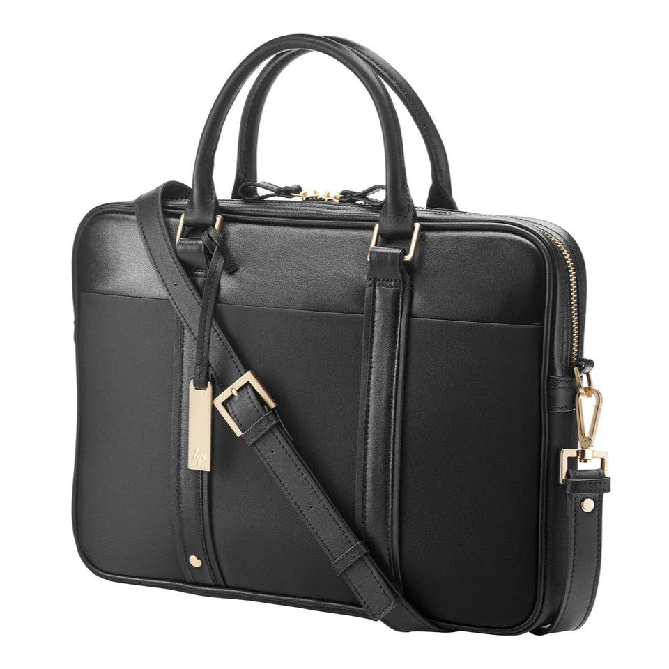 Black Slim Top-Load Laptop Briefcase With Gold Hardware
