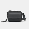 Charcoal Grey Black Compact Flap Bag with Braided Charm Detail and Adjustable Strap