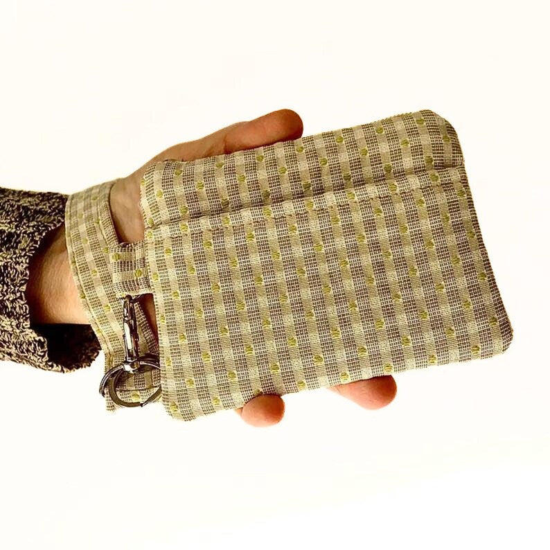 Beige Checkered Fabric Wrist Wallet with Keyring and Dual Pockets