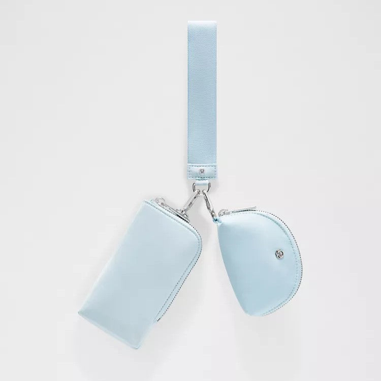 Pastel Blue Dual-Pouch Wristlet with Secure Zipper Closures and Wrist Strap