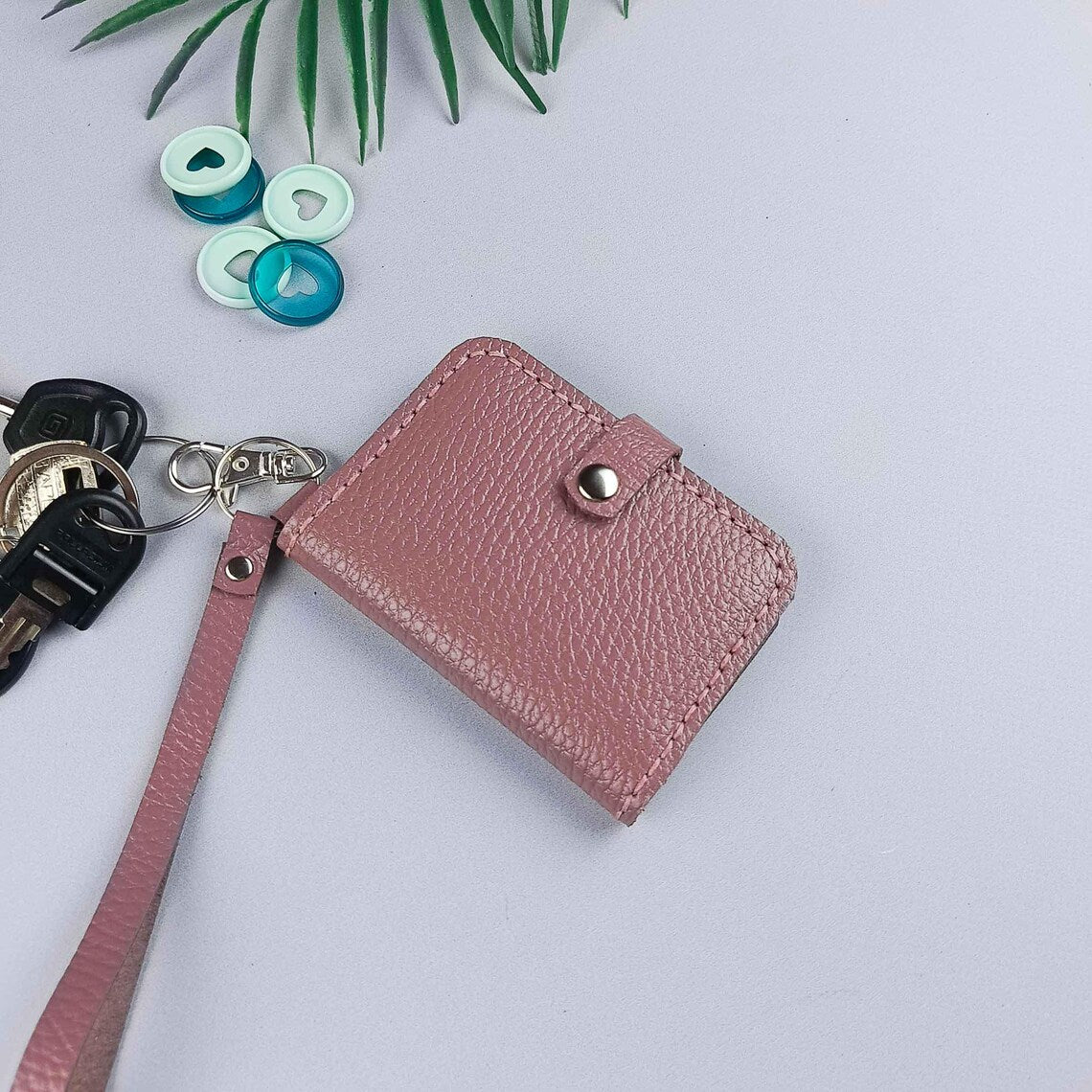 Muted Pink Compact Keychain Wallet with Card Slots and Wrist Strap