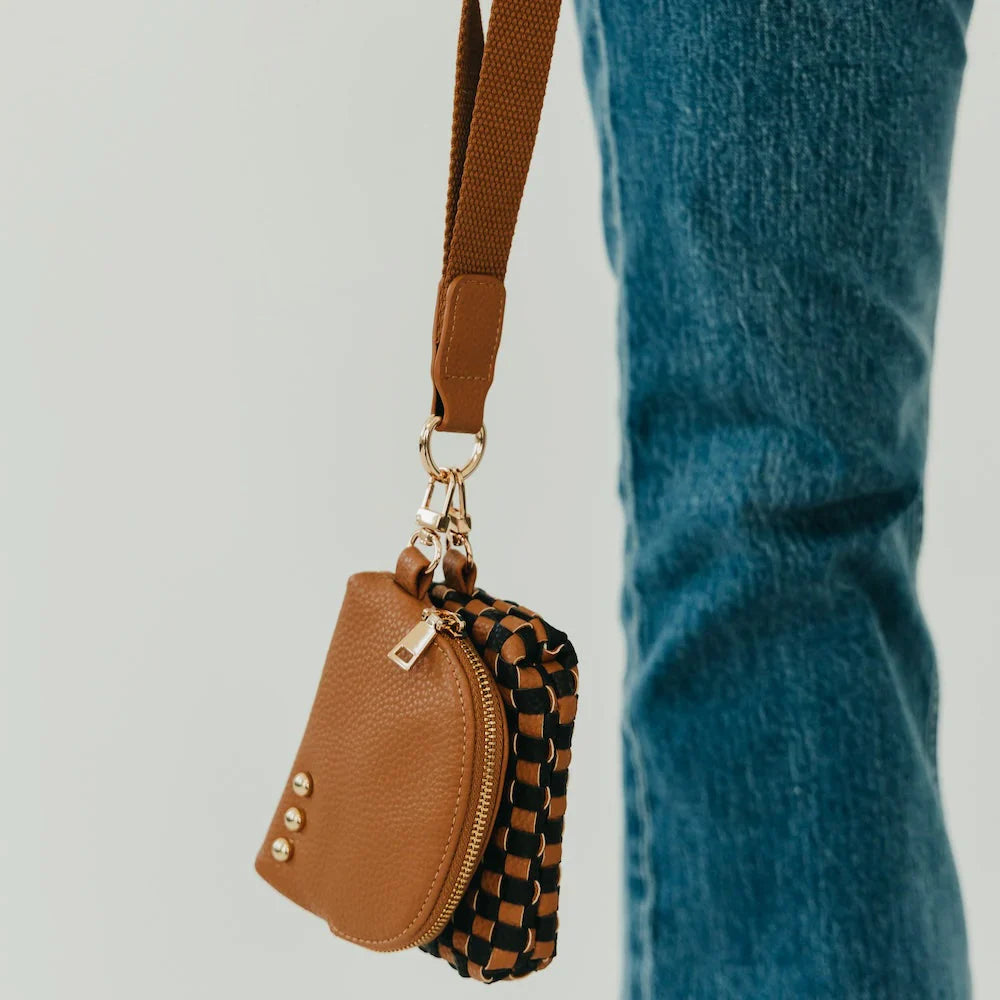 Brown and Black Checkered Dual-Pouch Woven Wristlet Set with Gold Accents