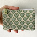 Green & Cream Heart-Patterned Compact Zipper Pouch with Gold Hardware