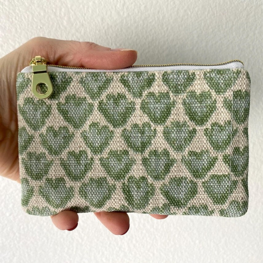 Green & Cream Heart-Patterned Compact Zipper Pouch with Gold Hardware