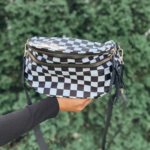 Black & White Checkered Multi-Zip Sling Bag with Adjustable Strap
